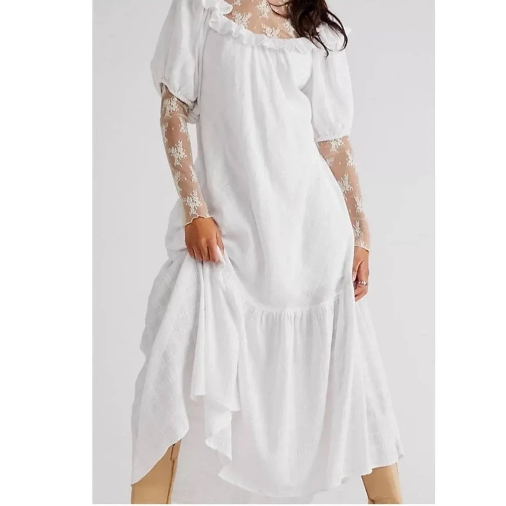 New Free People Kaylyn Midi Dress Free-est $108 SMALL Ivory Ethereal Billowy